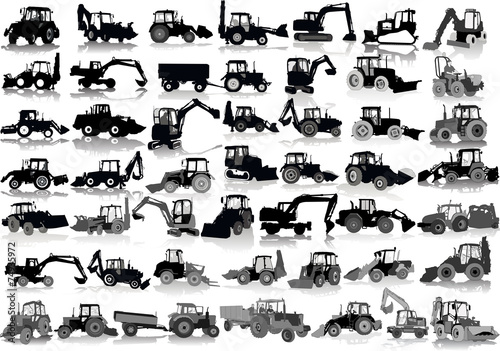 Set of 48 silhouettes of a tractors of road service