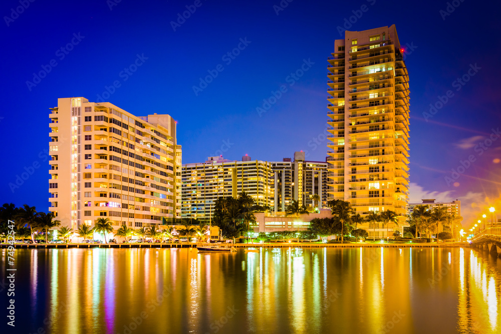 Buildings on Belle Island at night, in Miami Beach, Florida.