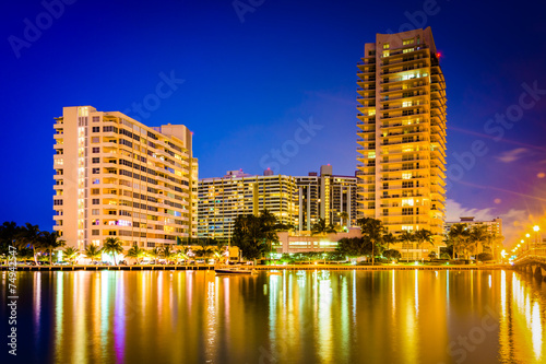 Buildings on Belle Island at night  in Miami Beach  Florida.
