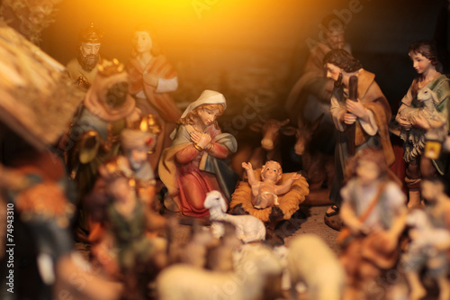 Christmas nativity scene with three Wise Men presenting gifts