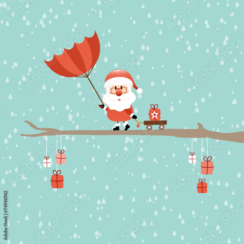 Santa Broken Umbrella Tree Rain Retro