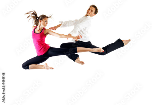 Canvas Print Modern ballet dancers, male and female in the jump