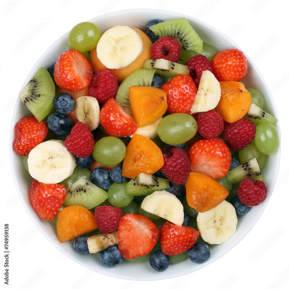 Obraz premium Obstsalat mit Früchte in einer Schale mit Erdbeeren, Bananen un