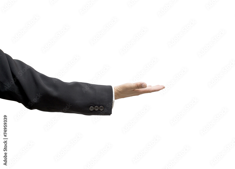 Business man's hand holding out isolated on white