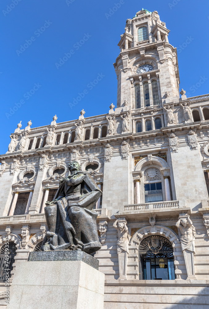 City hall of Porto with the statue of writer Almeida Garretton