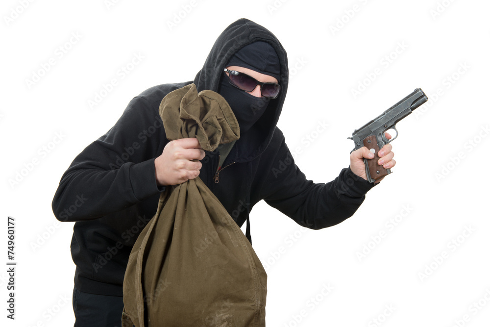 hooded robber with a gun and a bag of money hooded robber with a gun and a bag of money
