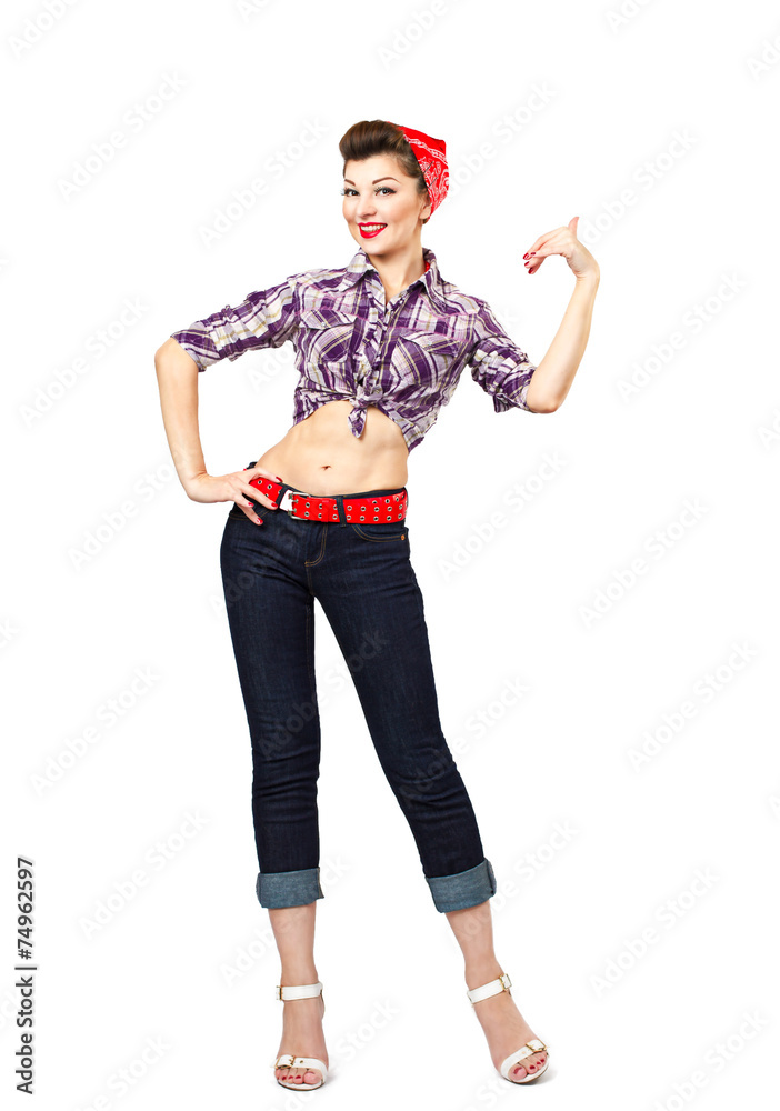 the beautiful pin-up girl, points at something the beautiful pin-up girl, points at something