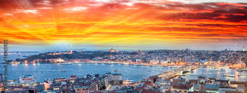 Wonderful panoramic view of Istanbul at dusk across Golden Horn