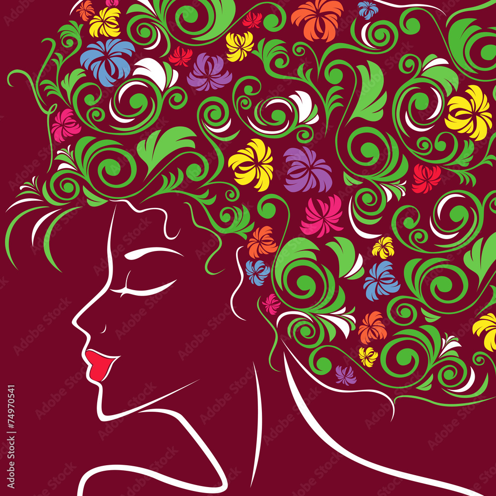 Women head profile with floral hair Women head profile with floral hair