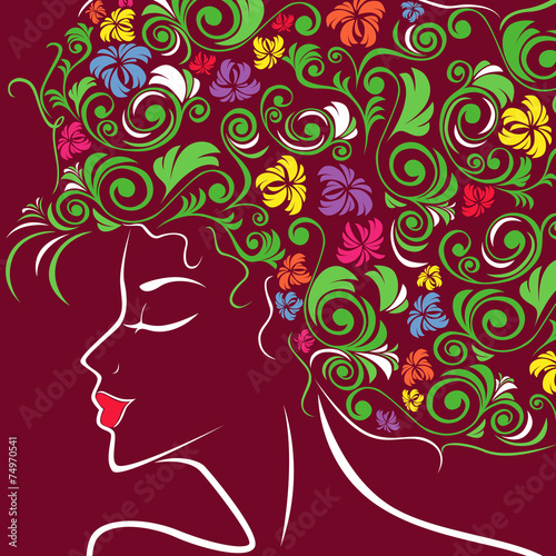 Women head profile with floral hair