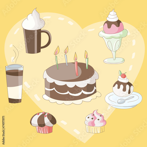 Dessert and beverage including cake,cupcake,ice cream and coffee