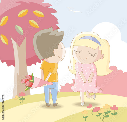 Sweet lovers -Man giving girl a bouquet of roses