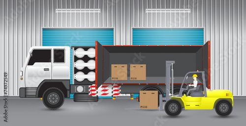 Vector of operator, driver or worker to handling, sorting cardboard box into storage or cargo container by forklift for logistic, shipping and delivery. Freight transport and distribution industry.