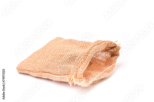 Empty burlap sack isolated on white background