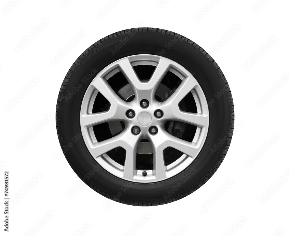 Automotive wheel on light alloy disc isolated on white