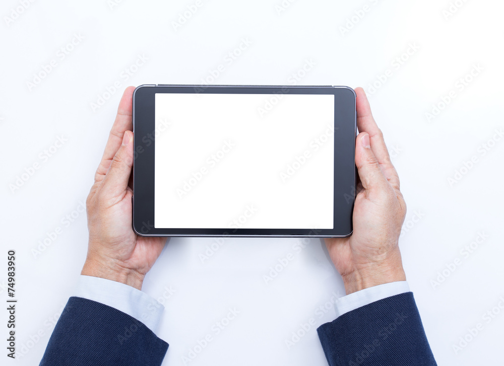 Businessman hands with tablet computer on white background