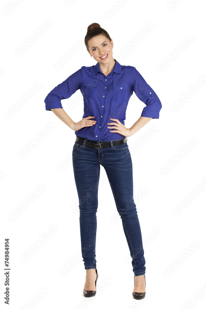 Portrait of a beautiful woman in blue jeans and blue shirt Portrait of a beautiful woman in blue jeans and blue shirt