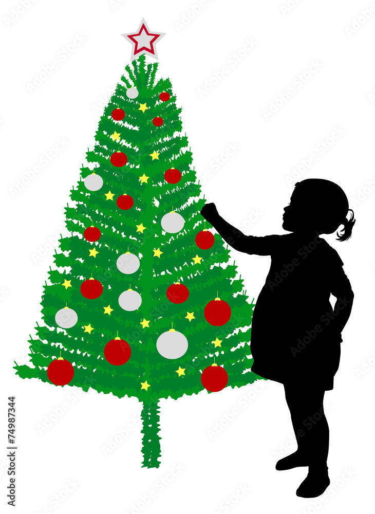 toddler girl putting decoration on christmas tree - vector toddler girl putting decoration on christmas tree - vector