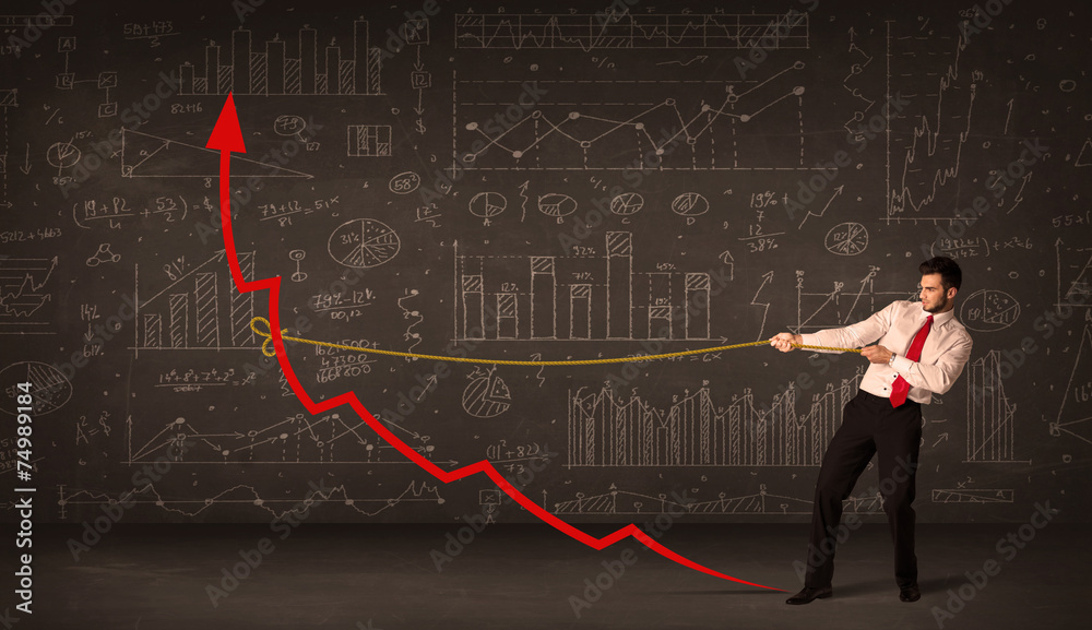 Businessman pulling a red arrow upright with a rope Businessman pulling a red arrow upright with a rope