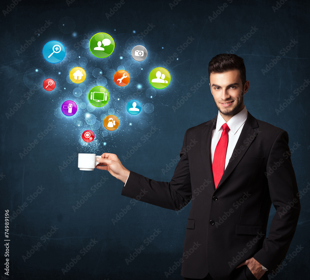 Businessman holding a white cup with setting icons Businessman holding a white cup with setting icons