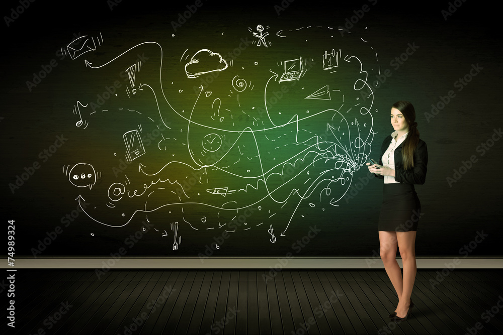 Businesswoman sitting in chair holding tablet with media icons Businesswoman sitting in chair holding tablet with media icons