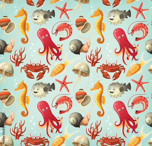 Set of fish and animals from sea.