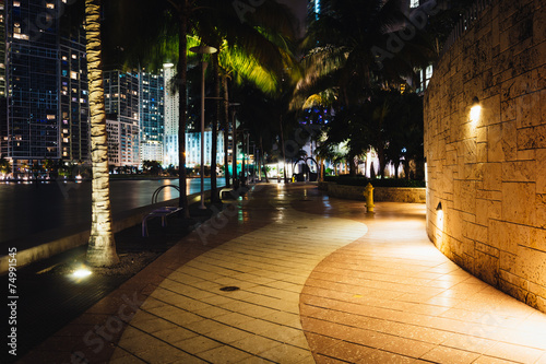 The Miami River Waterfront at night, in downtown Miami, Florida.