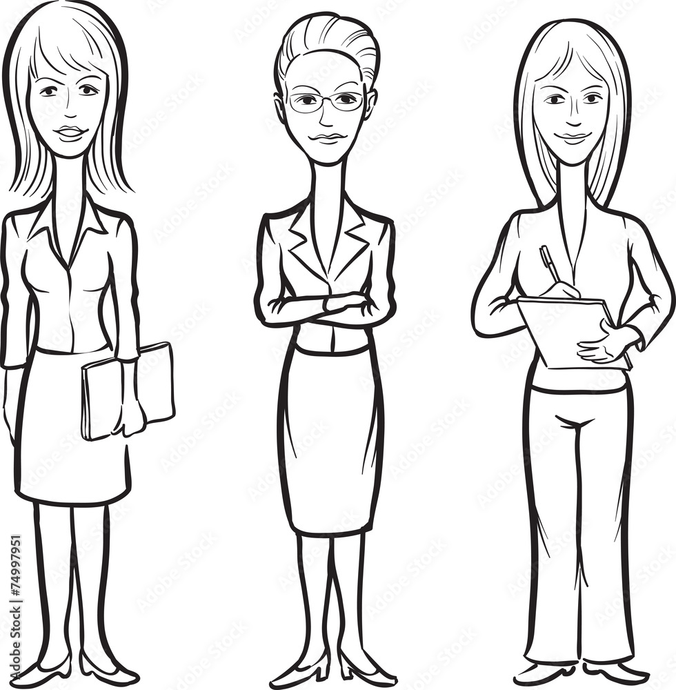 whiteboard drawing - cartoon figures of office women