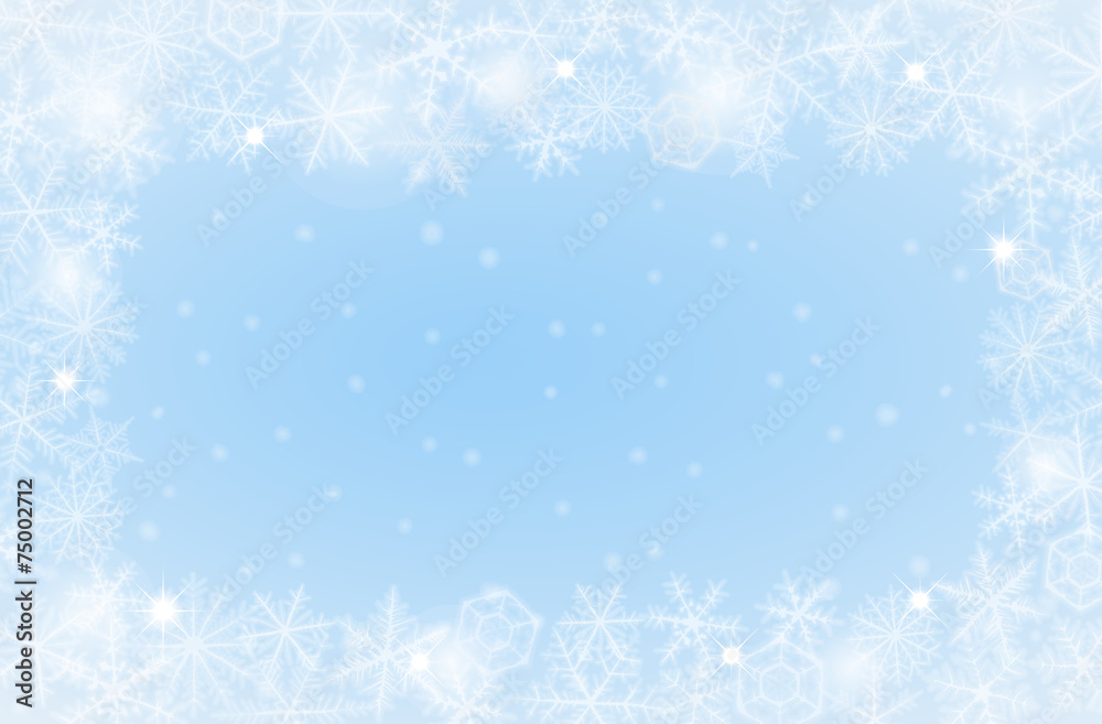Border of various snowflakes on light background.