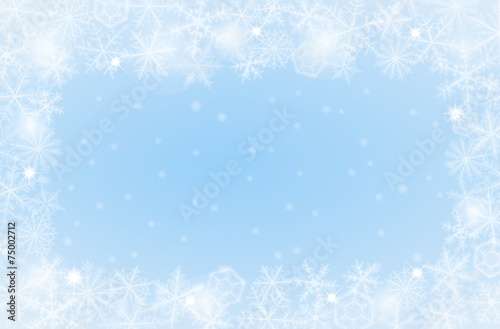 Border of various snowflakes on light background.