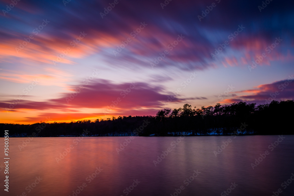 Long exposure of Prettyboy Reservoir at sunset, in Baltimore Cou