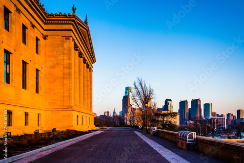 The Art Museum and skyline at sunset, in Philadelphia, Pennsylva
