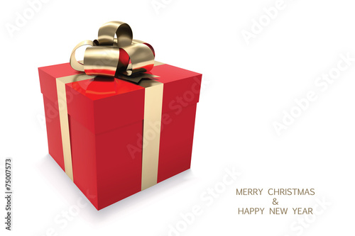 Christmas card with red gift box. Vector illustration.