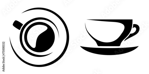 Black silhouettes of cups of tea or coffee. Top and front view.