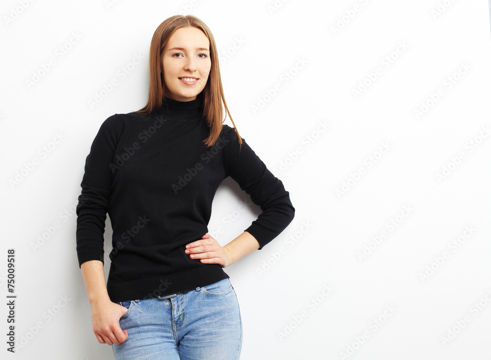 Fototapeta premium Portrait of smiling casual woman, over white background