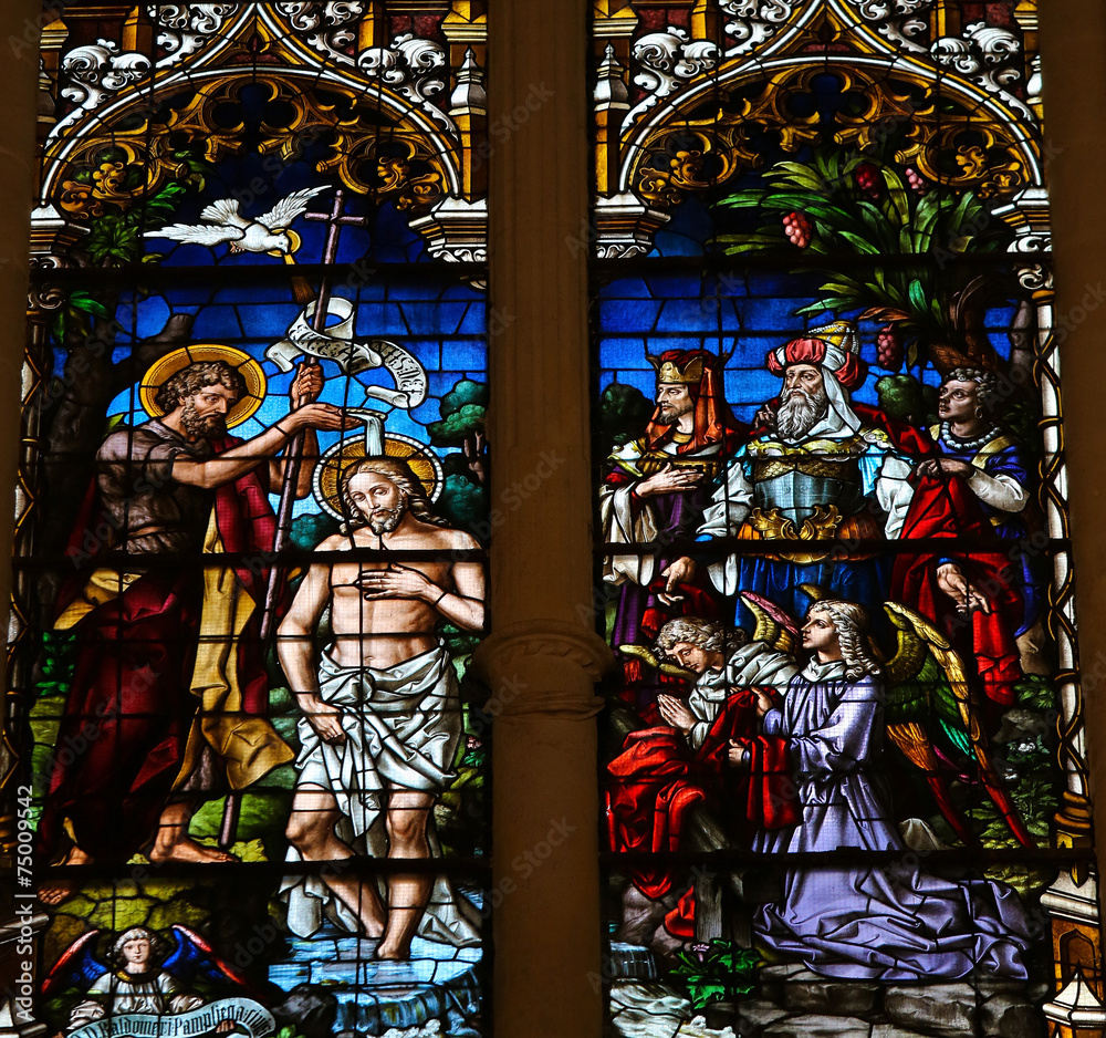 Baptism of Jesus by Saint John - Stained Glass in Burgos Cathedr