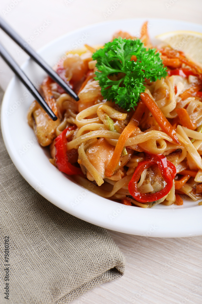 Chinese noodles with vegetables and seafood Chinese noodles with vegetables and seafood