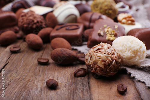 Different chocolates with coffee beans