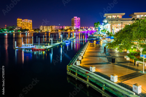 View of the Riverwalk at night in Tampa, Florida.