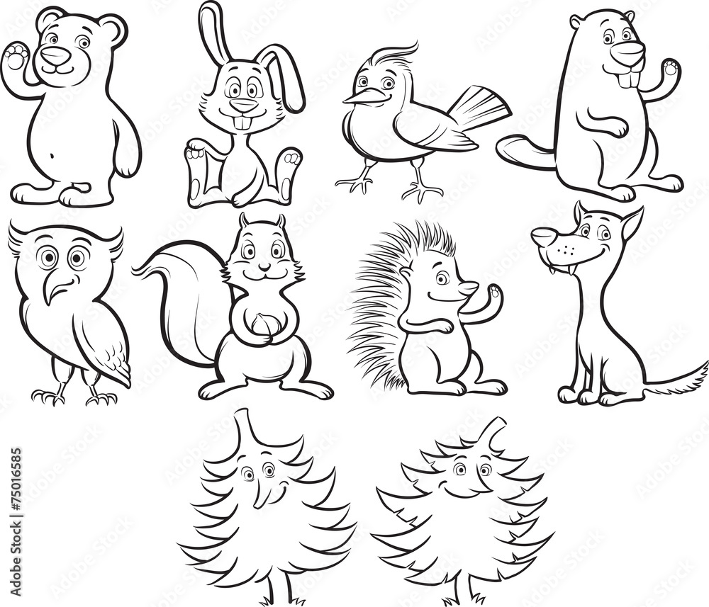 Naklejka premium Coloring book cute cartoon forest animals
