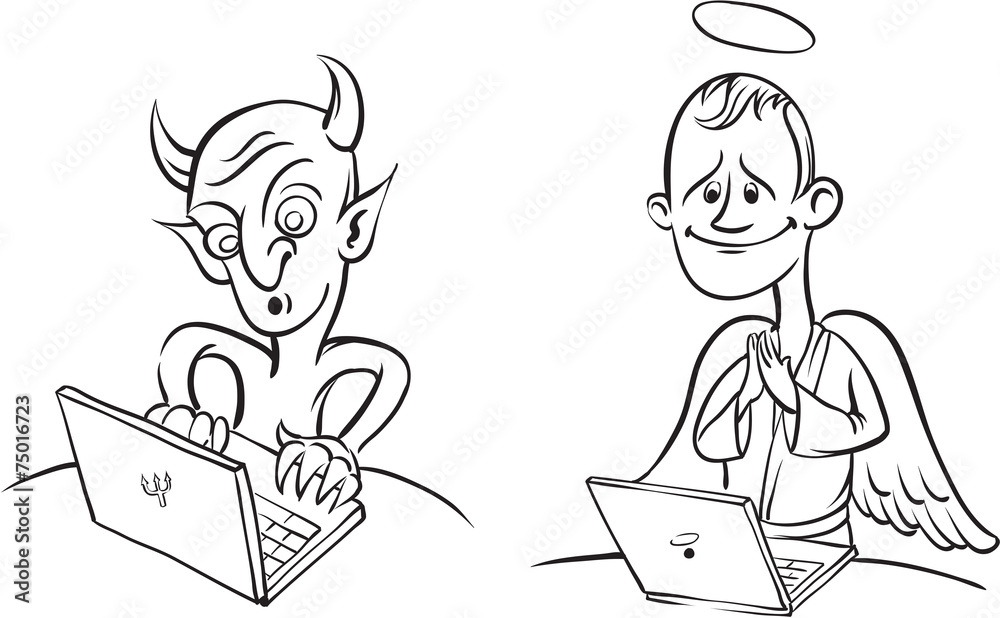 whiteboard drawing - devil and angel with laptop computer Stock Vector |  Adobe Stock