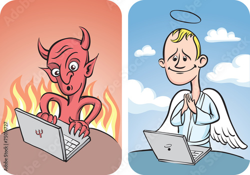 Devil and Angel with Laptop Computer