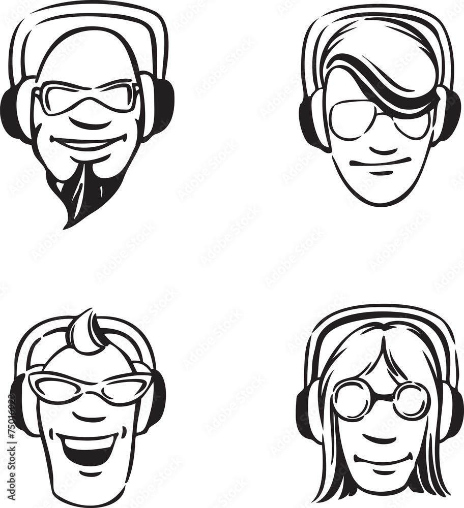 whiteboard drawing - set of dj heads enjoying music whiteboard drawing - set of dj heads enjoying music
