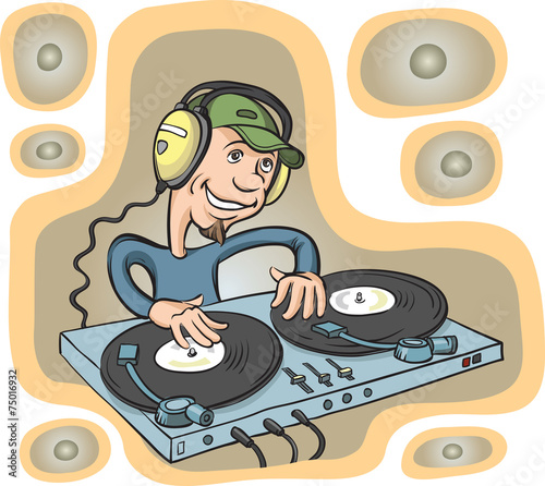 DJ playing on a double turntable with headphones