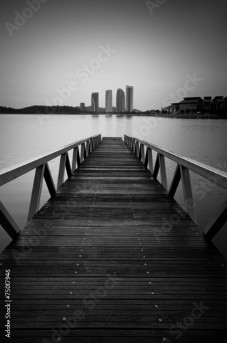 Black and white wooden jetty.