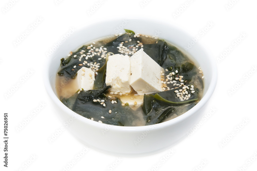 Japanese soup with herbs and cheese on white background