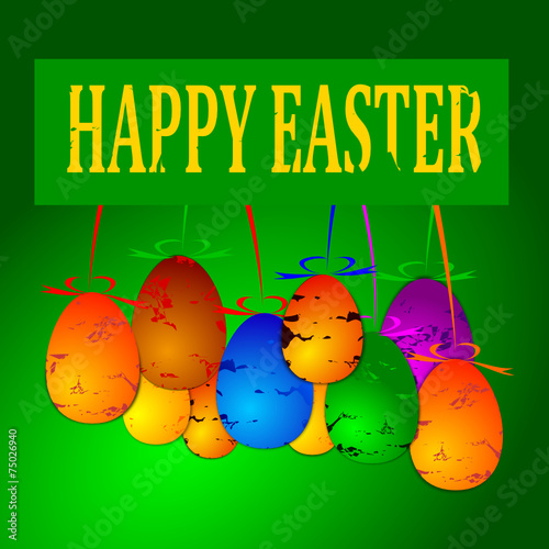Colorful Easter eggs on strings with the words "Happy Easter"