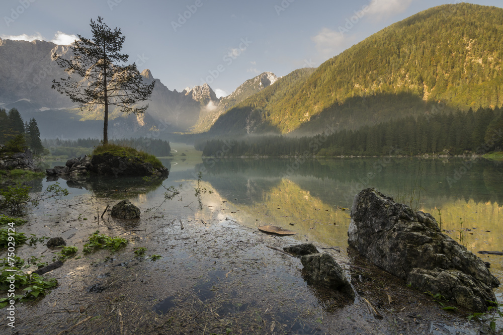 Alpejskie jezioro o poranku - obrazy, fototapety, plakaty 