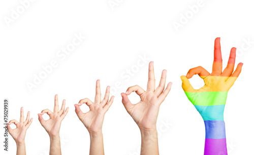 Man's hands isolated on white, one hand painted as rainbow flag