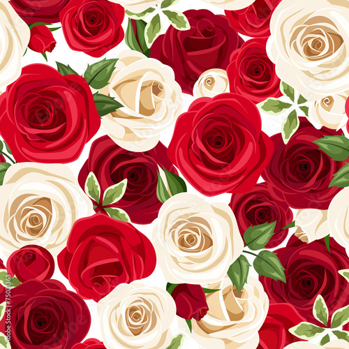 Seamless pattern with red and white roses. Vector illustration.
